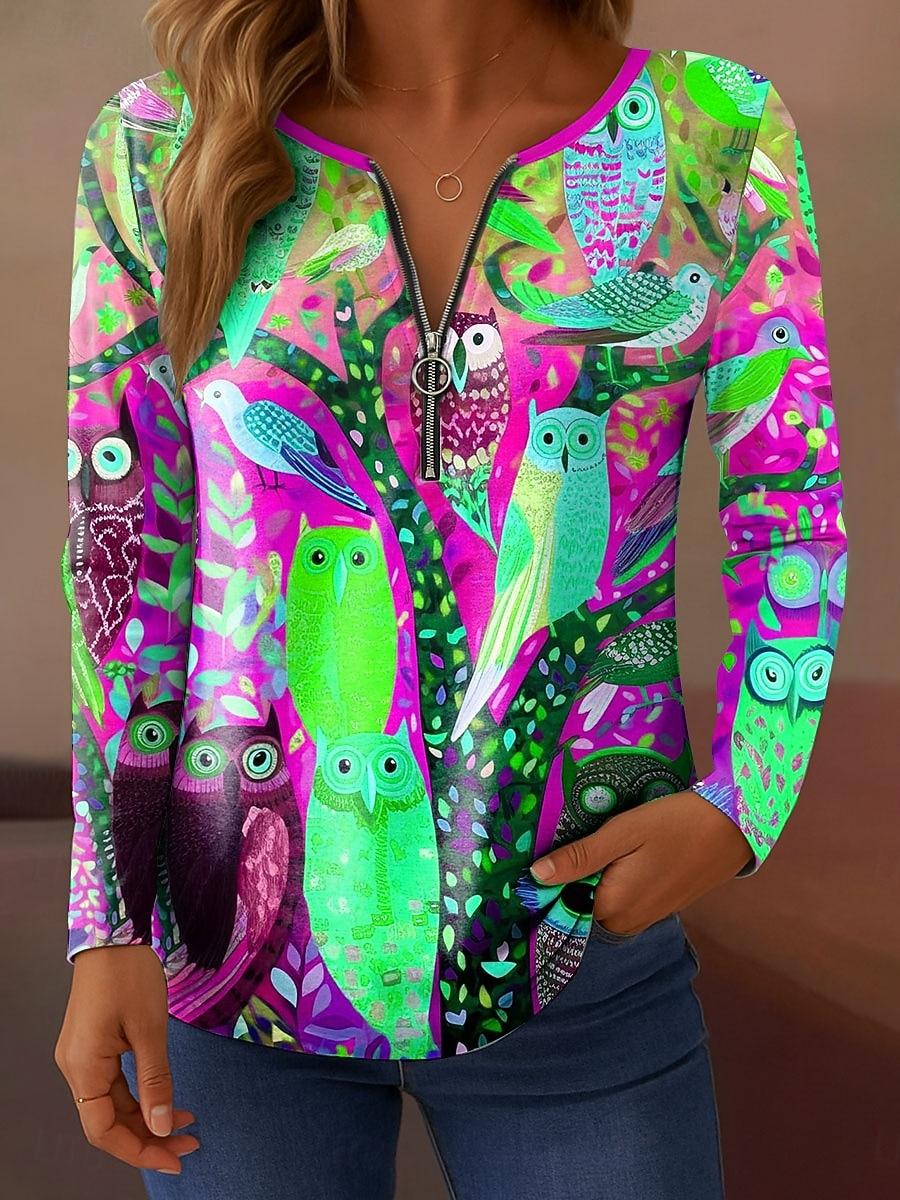 

Женская футболка с длинным рукавом на молнии до четверти, с длинным рукавом, повседневная, с графическим принтом совы, элегантная 3XL