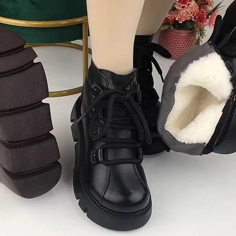 Womens Snow Boots 2025 Winter New Platform Cotton Shoe Retro Black/Brown Round Toe Lace-up Zipper Modern Motorcycle Boot