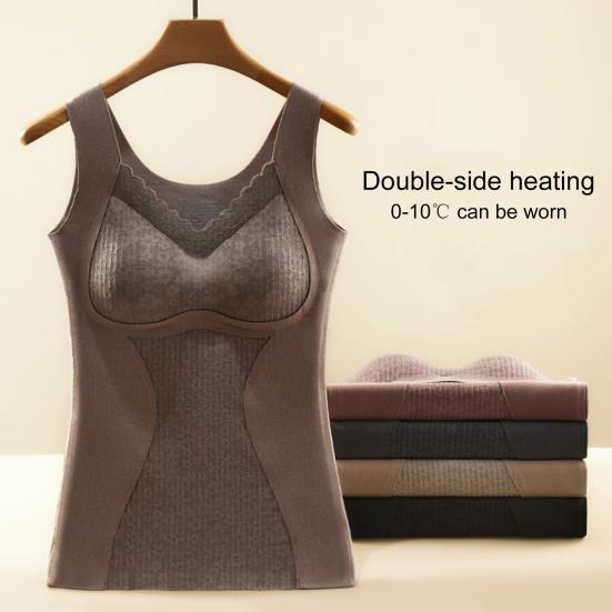 Yousheng Winter Women Thermal Vest with Chest Pads Seamless Lace V Neck Fast Temperature Lock Heating Slim Fit Elastic Sleeveless Inner Wear Bottoming