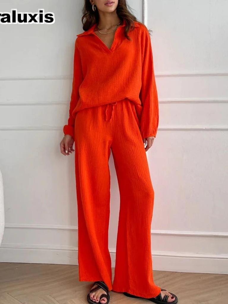 Elegant Women's Casual Loose Set Women Long Sleeve Top + Drawstring Pants Outfit Autumn Winter Two Piece Suit