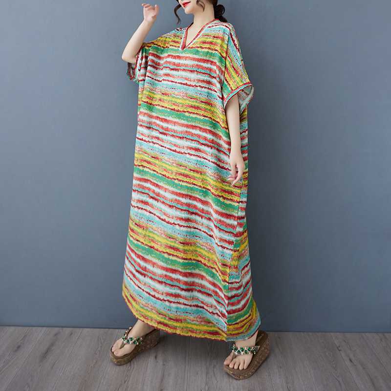 Ladies' V-neck Vintage Long Skirt Cotton Linen Dress