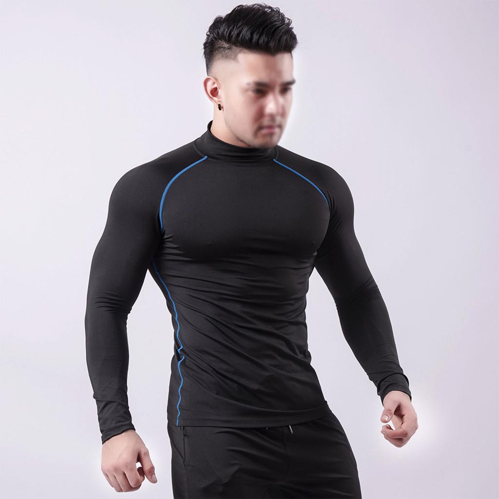 Men's High Elastic Compression Shirts Long Sleeves Sports Top for Athletic Workout Shirt Black and Blue Lines M