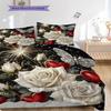 Red and White Roses Pattern Bedding Quilt Set Quilt Cover Pillowcase Home Decoration Birthday Gift (1 * Duvet Cover + 2 * Pillowcase, Without Core)