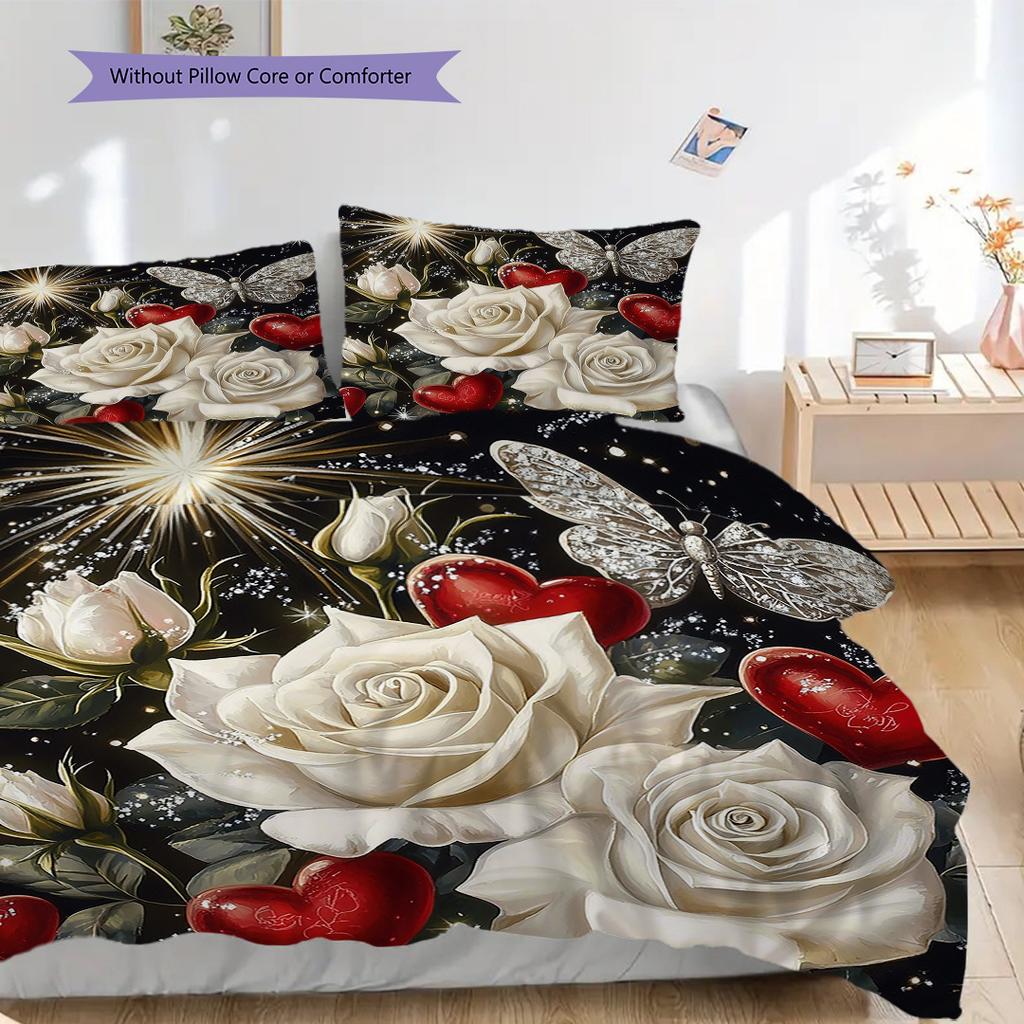 Red and White Roses Pattern Bedding Quilt Set Quilt Cover Pillowcase Home Decoration Birthday Gift (1 * Duvet Cover + 2 * Pillowcase, Without Core)