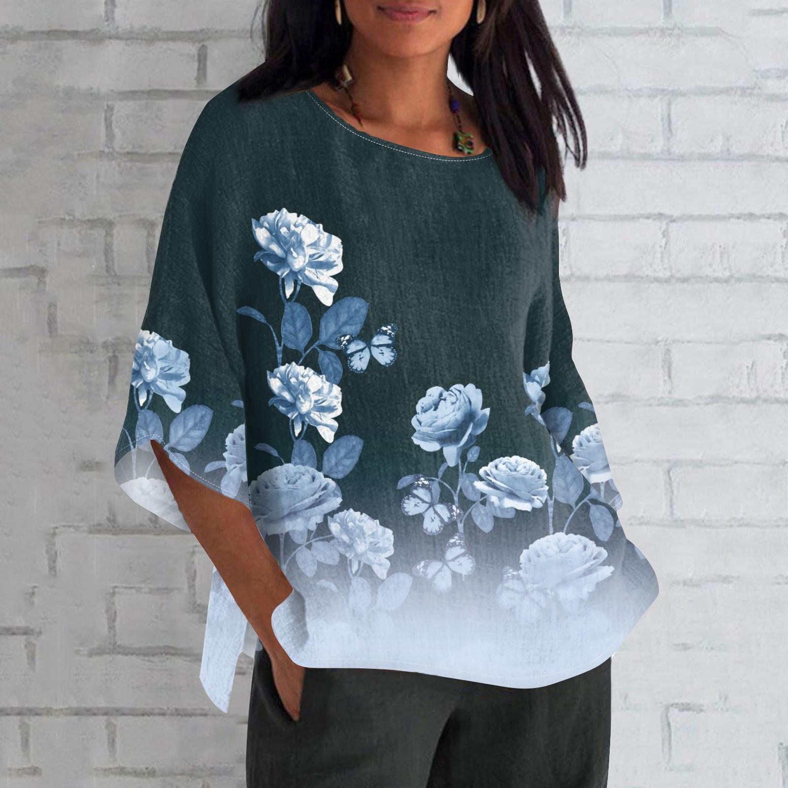 

Женская мода с рукавом семь четвертей и круглым вырезом с принтом, свободные повседневные рубашки-топы XXXXL