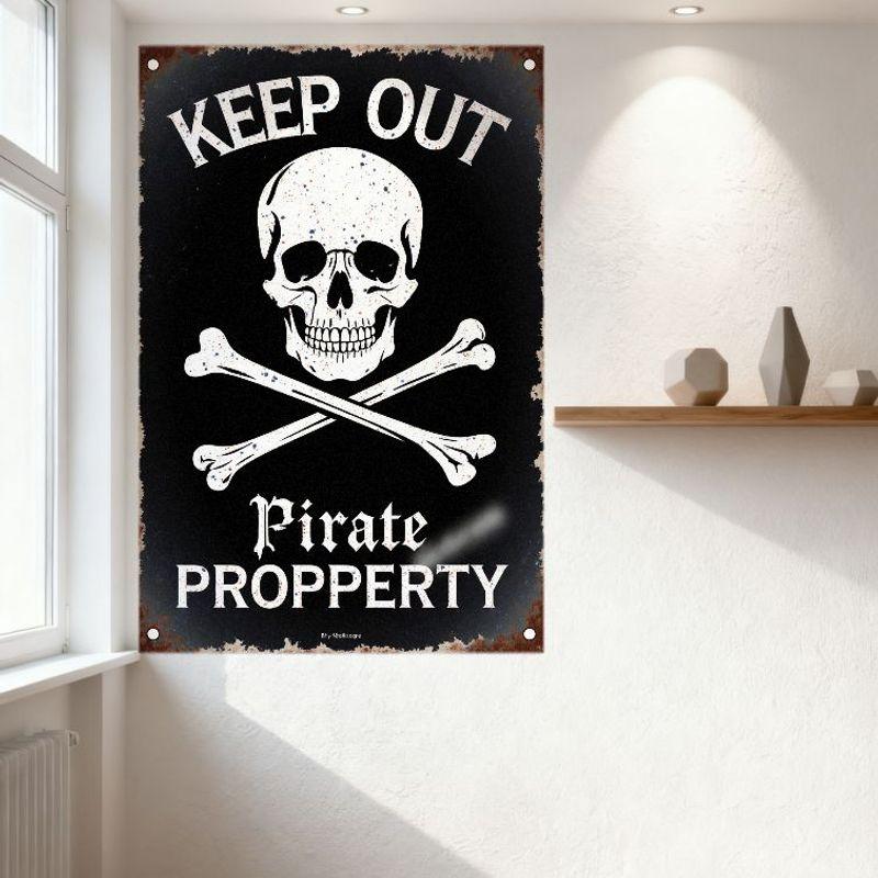Vintage Weathered Skull Crossbones 'KEEP OUT PIRATE PROPERTY' Metal Tin Sign for Bar Man Cave Home Decor, Rustic Aged Black Meta