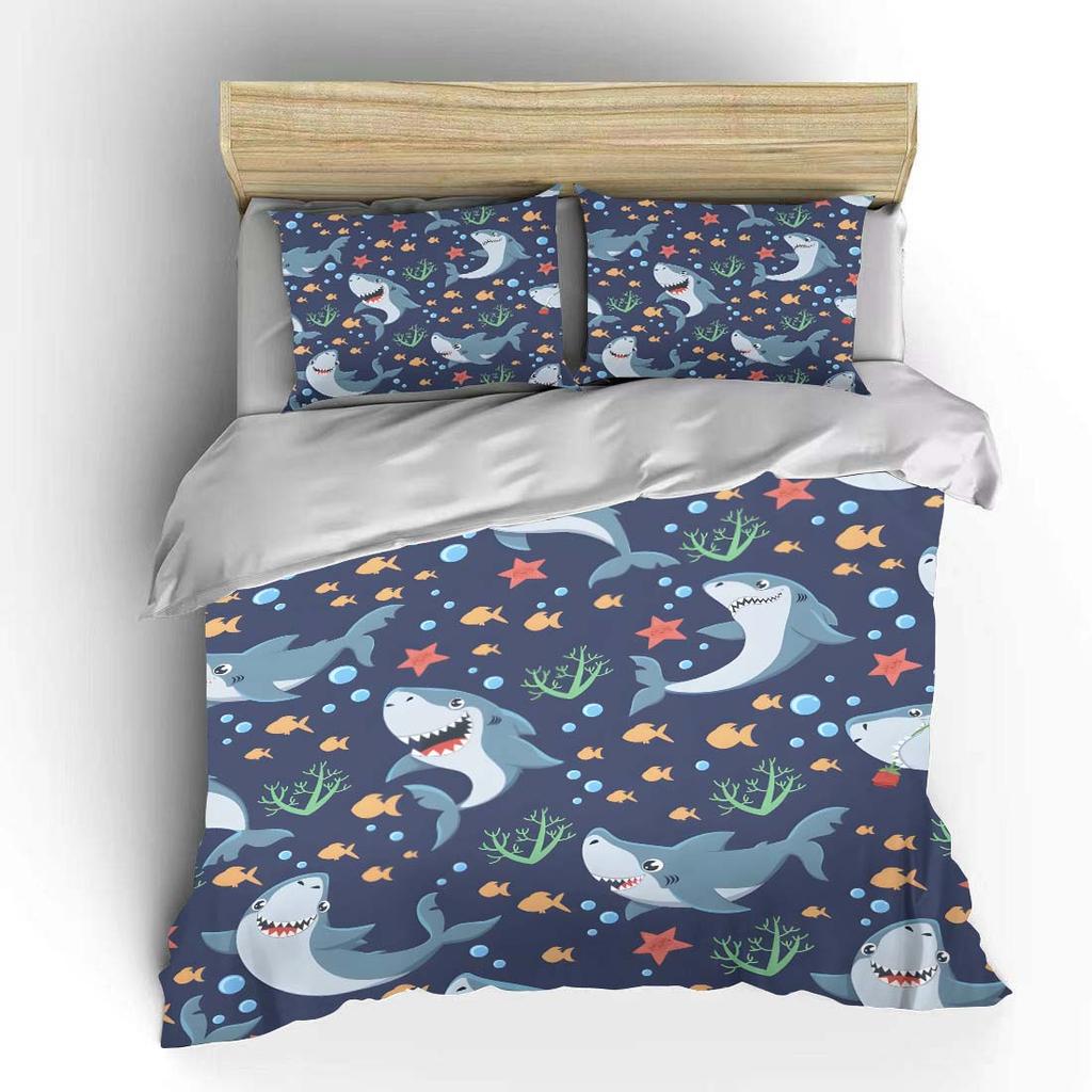 Cartoon Sharks And Ocean Elements Bedding Set For Kids Luxury Gift 3Pcs Digital Print Comforter Set Soft Comfortable Breathable