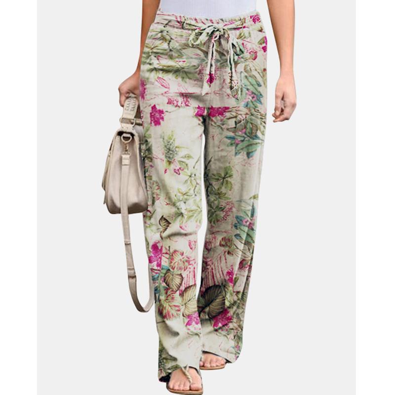 

Весна-лето, повседневные модные винтажные принты, удобные хлопковые и льняные прямые брюки, женские свободные брюки большого размера с эластичной резинкой на талии 2XL бежевый