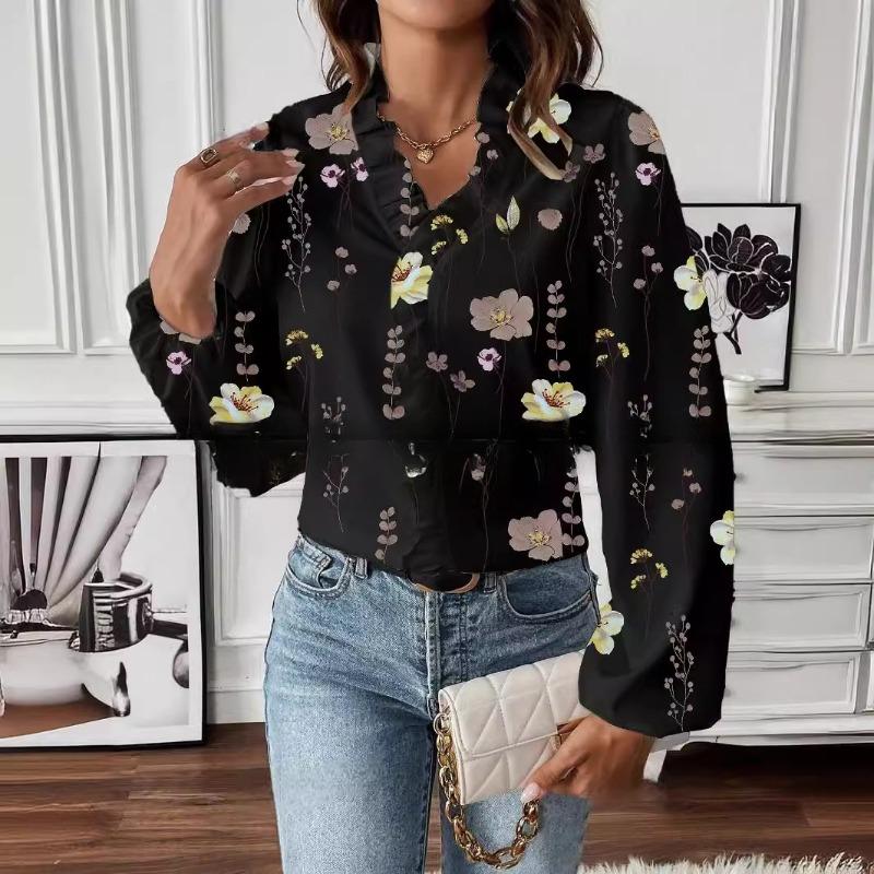 Móda Vintage Květinová Volná Košile s Dlouhým Rukávem Dámská Volánkový V-výstřih Potisk Ležérní Halenky pro Ženy Elegantní Slim Fit Jednoduché Košile pro Kancelářské Dámy 26502