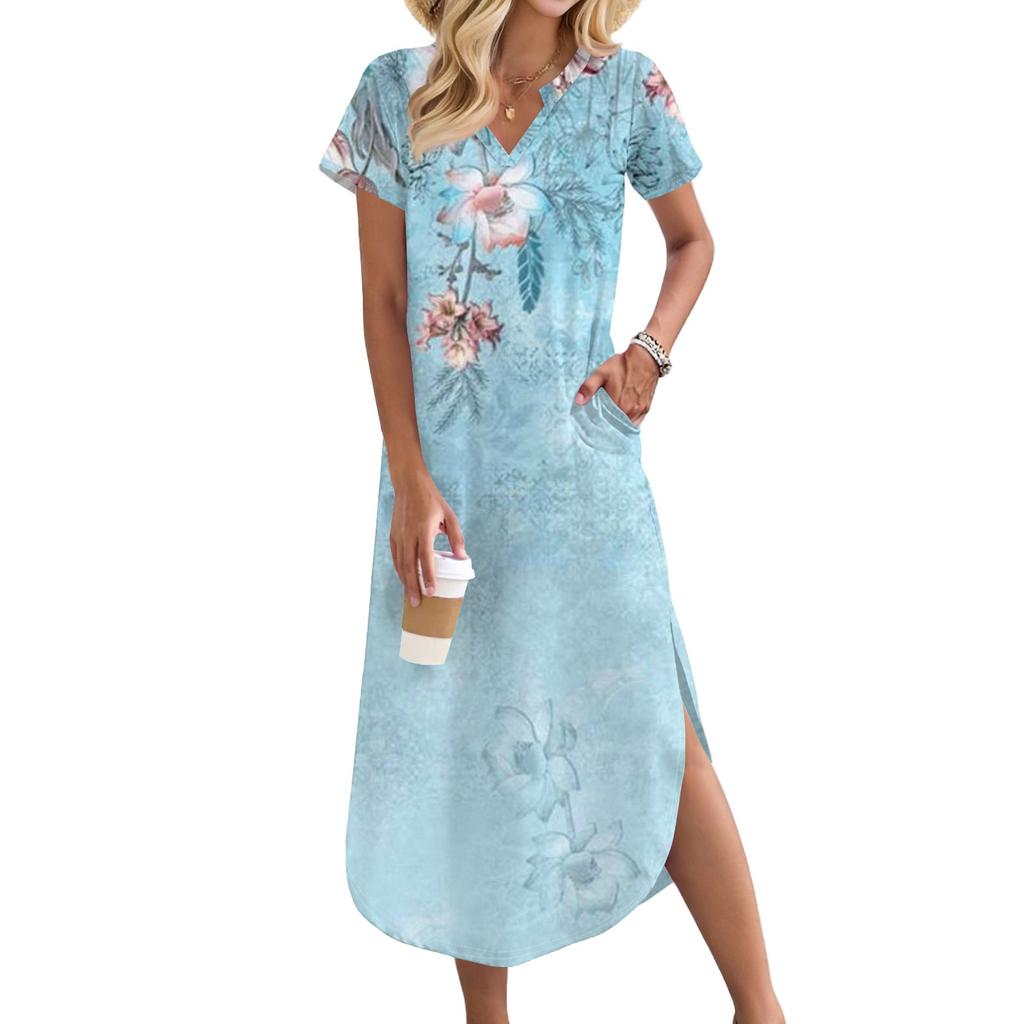 Dámská dlouhá sukně pro volný čas Dlouhé košilové šaty s výstřihem do V Volný rozpark Sváteční šaty s krátkým rukávem