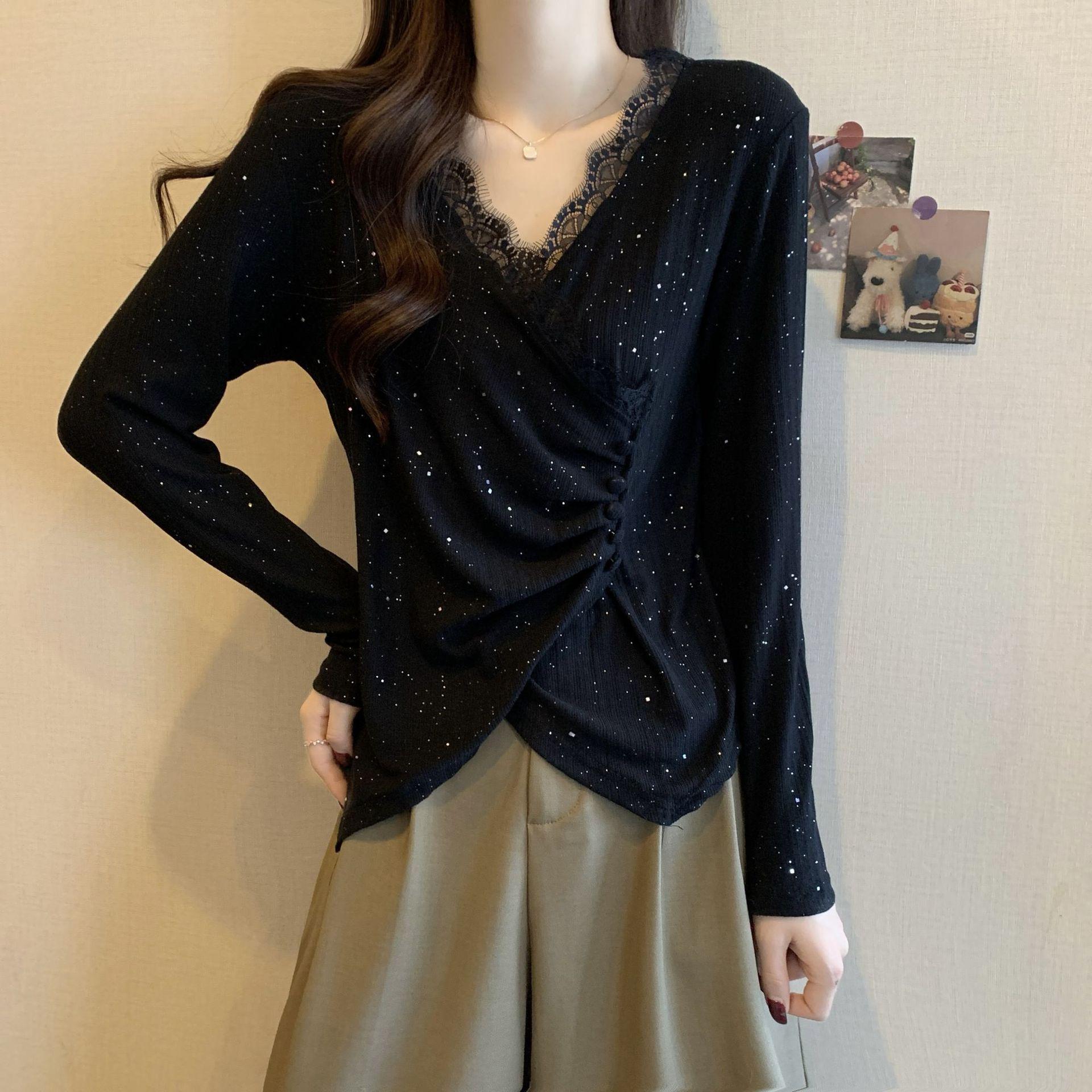 Women s Plus Size Silk Sequin V-Neck Long Sleeve Irregular T-Shirt - Spring New Arrival Small чёрный