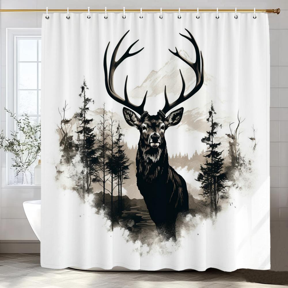 1 Piece Black Line Forest and Deer Shower Curtain, Bathroom Decorative Shower Curtain, Waterproof Shower Curtain with Hooks