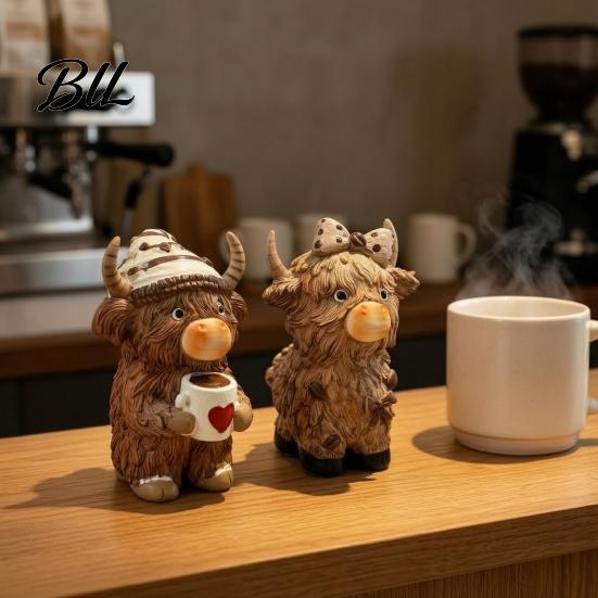 Highland Cow Ornaments Figurine, Resin Coffee Statue for Farmhouse Home Decor, Artistic New Housewarming Presents Country Style Tabletop Ornament