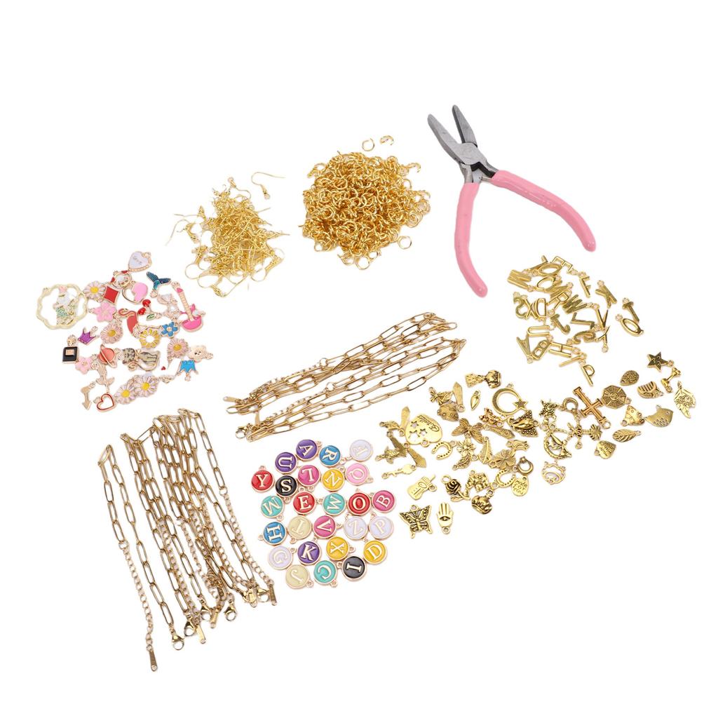 Jewelry Making Kit Beads Bracelet Earrings Craft Set with Pendants Charm Pliers for Necklace Keychain Gift Gold