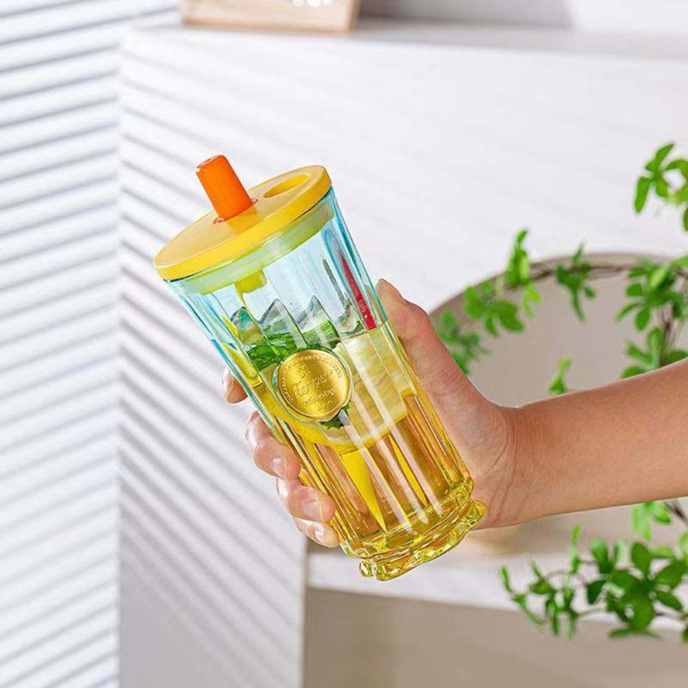 

500ml Slender Waist Glass Cup with Lid and Straw Gradient Candy Color Cups Mug Drinking Glasses for Juice Water and Iced Coffee синій