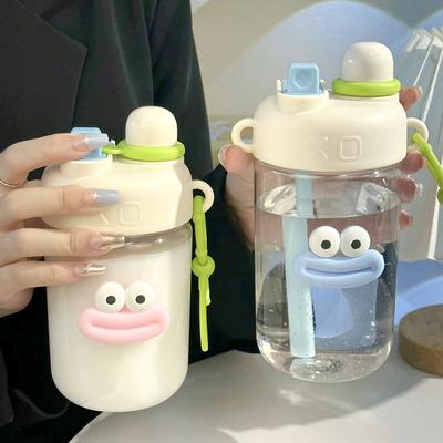 New Cute Stickers Water Bottle For Girls Portable Large Capacity Double Drink Plastic Cup Transparent Leakproof Straw Cup