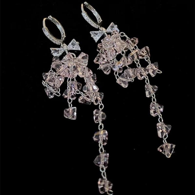 Long Drop Love Butterfly Tassel Earrings Zircon Crystal Dangle Earrings Exaggerated Unique Light Luxury Earrings серебряный