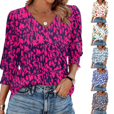 3/4 Sleeve Tops For Women T-Shirt Casual Print Tops T Shirt Round Neck Pullover Blouse