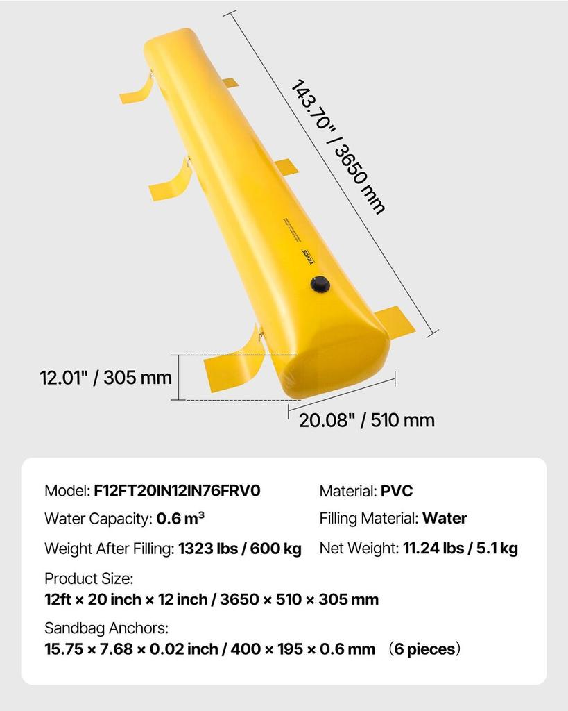 Flood Barrier, 12 Ft Length X 12 In Height Sandbag Alternative, Water Barrier for Flooding with Great Waterproof Effect, Reusable PVC Water Diversion