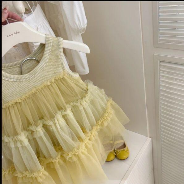 Mädchen Frühlings- und Sommerkleid mit Mesh-Patchwork-Weste Modischer und stilvoller Prinzessinnenrock