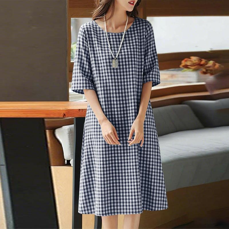 ZANZEA Women Plaid Print Casual Round Neck 3/4 Sleeve Loose Dress