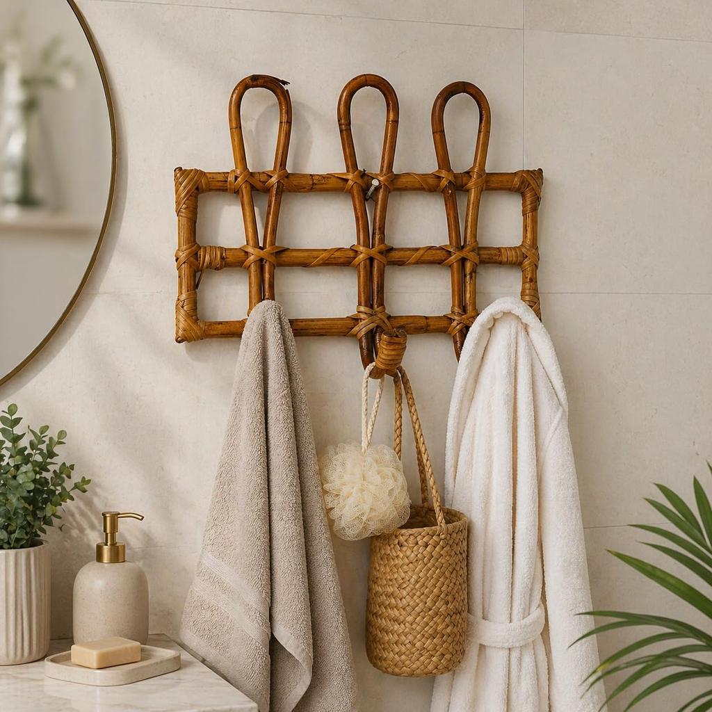 Eco Decx Handcrafted Rattan Wall Hook Organizer with 4 Hooks, Wooden Cane Key Holder for Entryway, Bedroom & Living Room Decor