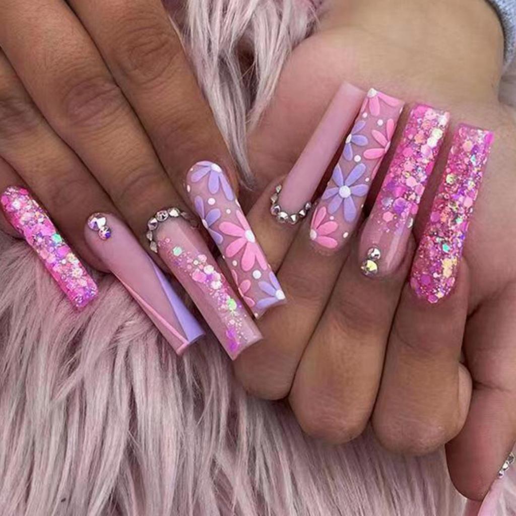 24Pcs Leopard Print Press On Nails With Bow Rhinestone Long Square French Fake Nail Tips