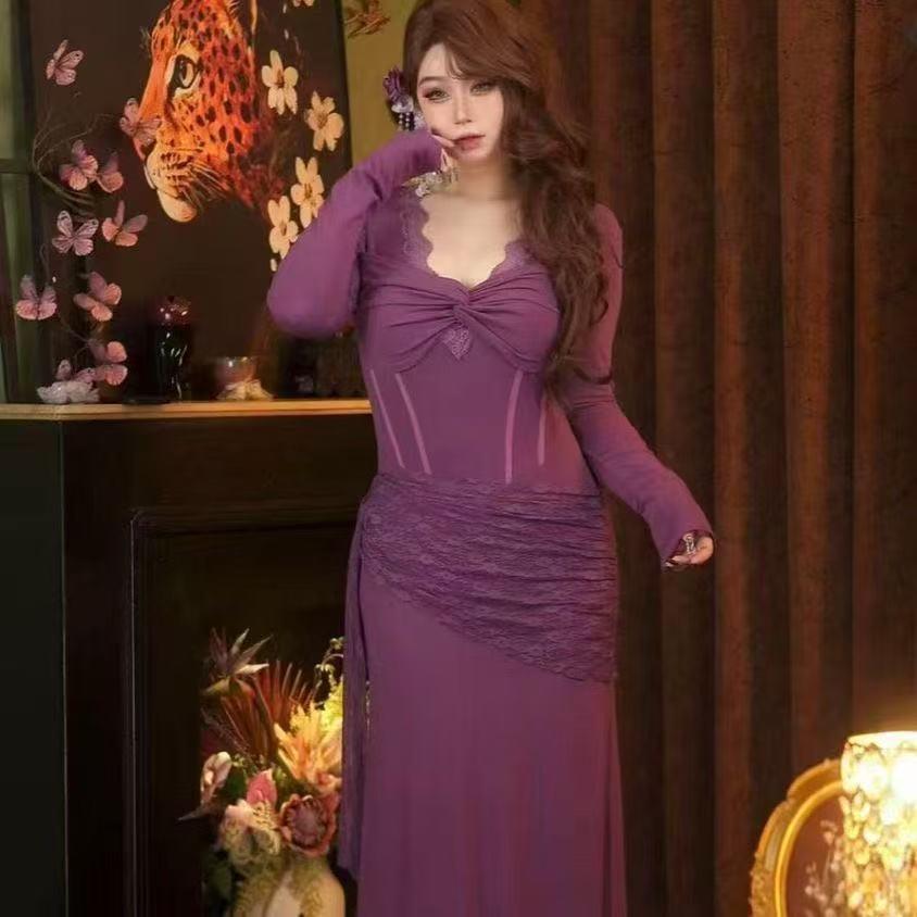 Elegant French Lace Patchwork Mermaid Gown - Slim Fit Long Sleeve Dress for Women