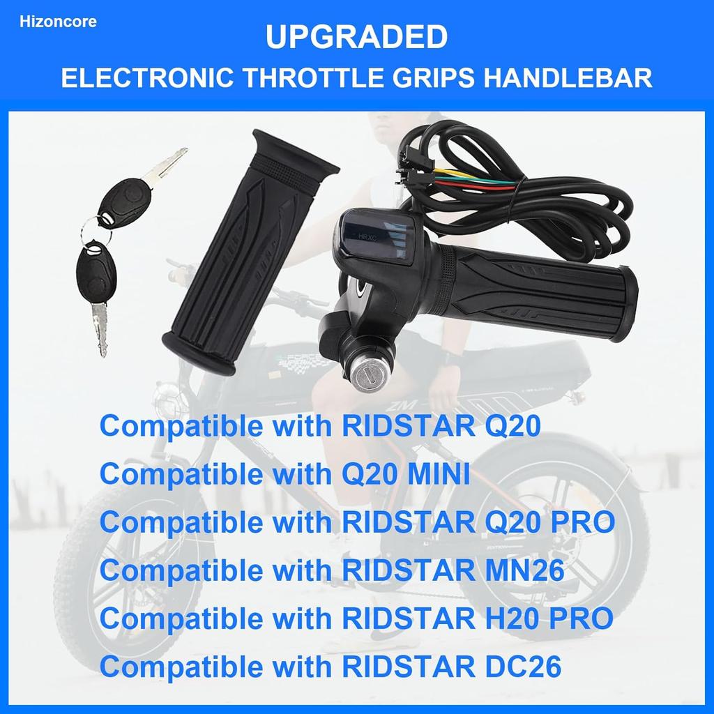Ebike Full Twist Throttle Fits Ridstar Q20, 48V Plug And Play Throttle 3 Pin Easy Tallation, LCD Display With Key Lock, Throttle Grips For Ebike