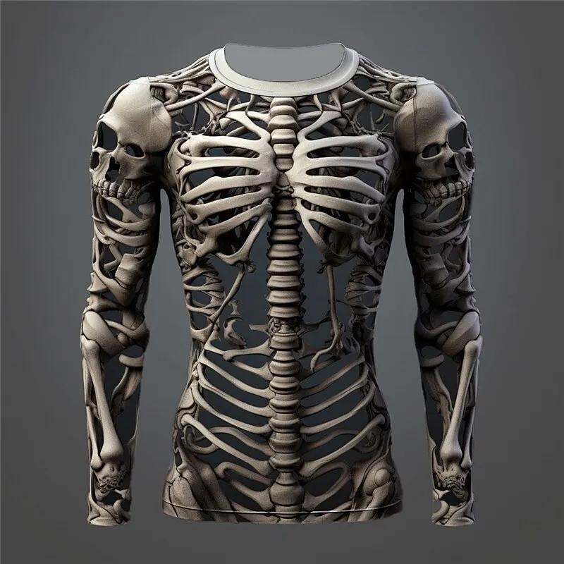 Creative Design 3D Skull Print Men's T-Shirt Autumn Daily Casual Long Sleeve Crew Neck Pullover Tees Oversize Breathable Clothes