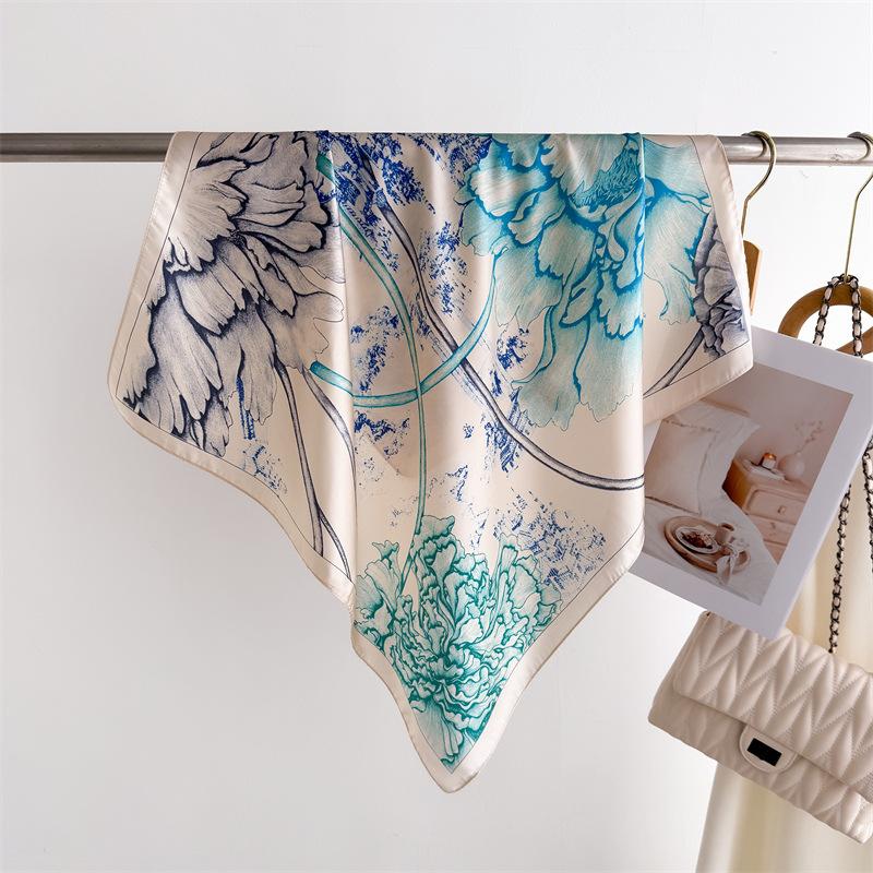National Style Ink And Wash Lotus Print Silk Scarf Square Scarf High-End Shawl Versatile Neck Small Square Scarf Headscarf