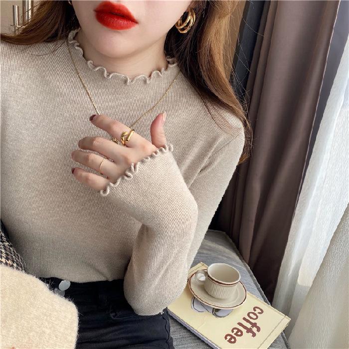 Women's Ruffled Half-High Collar Knitted Top - Stylish Spring/Autumn Base Layer Sweater, 2026 New Style