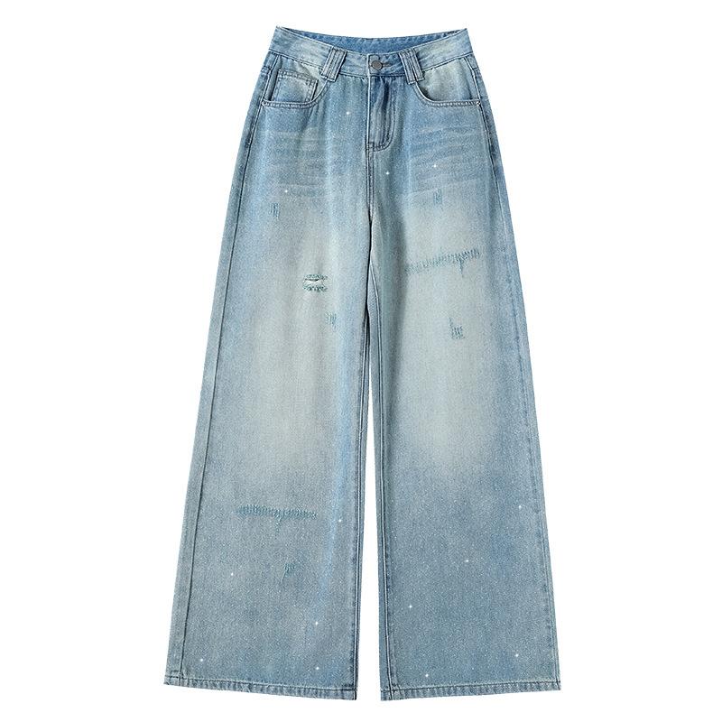 Niche Design Sense Glitter Powder Craft Wide-leg Jeans for Women In Summer Thin High Waist Loose Straight Floor Ripped Pants