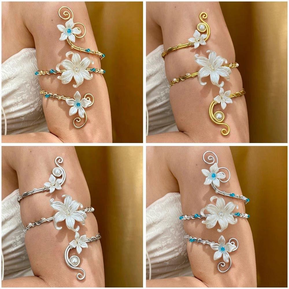 Gold Color Metal Floral Open Cuff Armlet Enamel Glaze Craft Spiral Arm Bracelet  Vacation Style
