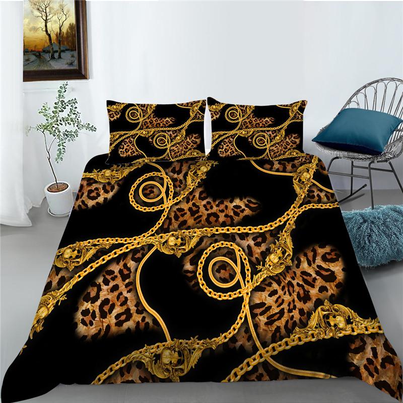 Bettbezug-Set mit Leopardenmuster, Mikrofaser, europäischer Retro-Klassiker, Druck, Doppelbett-Bettbezug mit Leopardenmuster und Goldkette, Kingsize