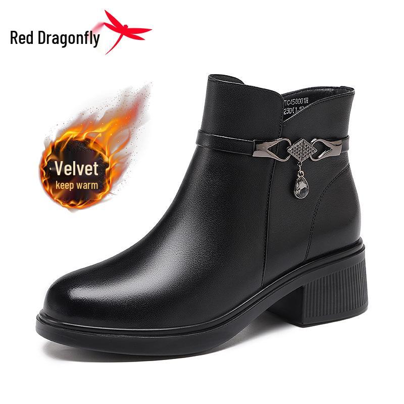 Red Dragonfly Women s Mid-Calf Leather Winter Boots: Genuine Leather, Plus Velvet, Thickened, High-Top. 37