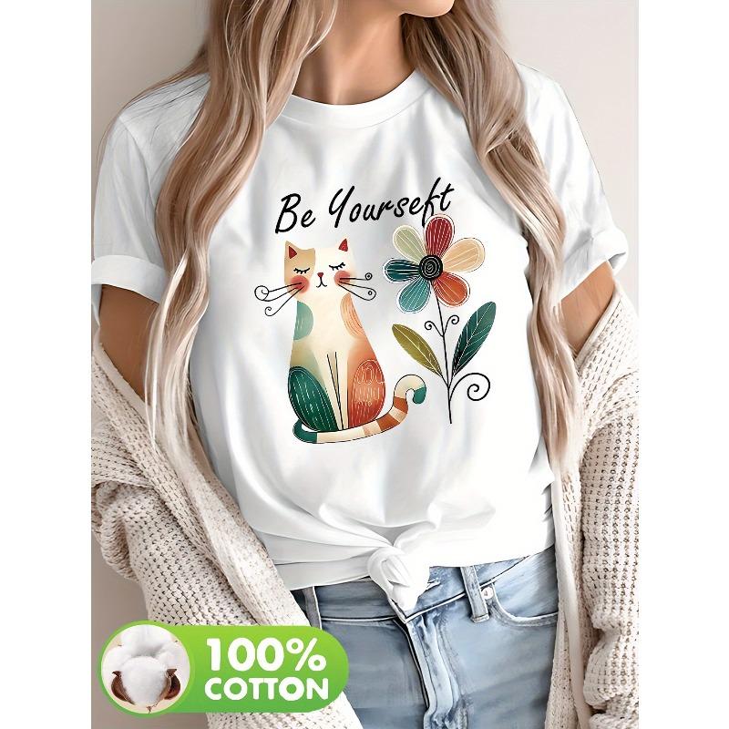 Women s Cat Flower Print Tee Be Yourself Quote Short Sleeve Spring Summer Casual Cat Lover Gifting Graphic Top S