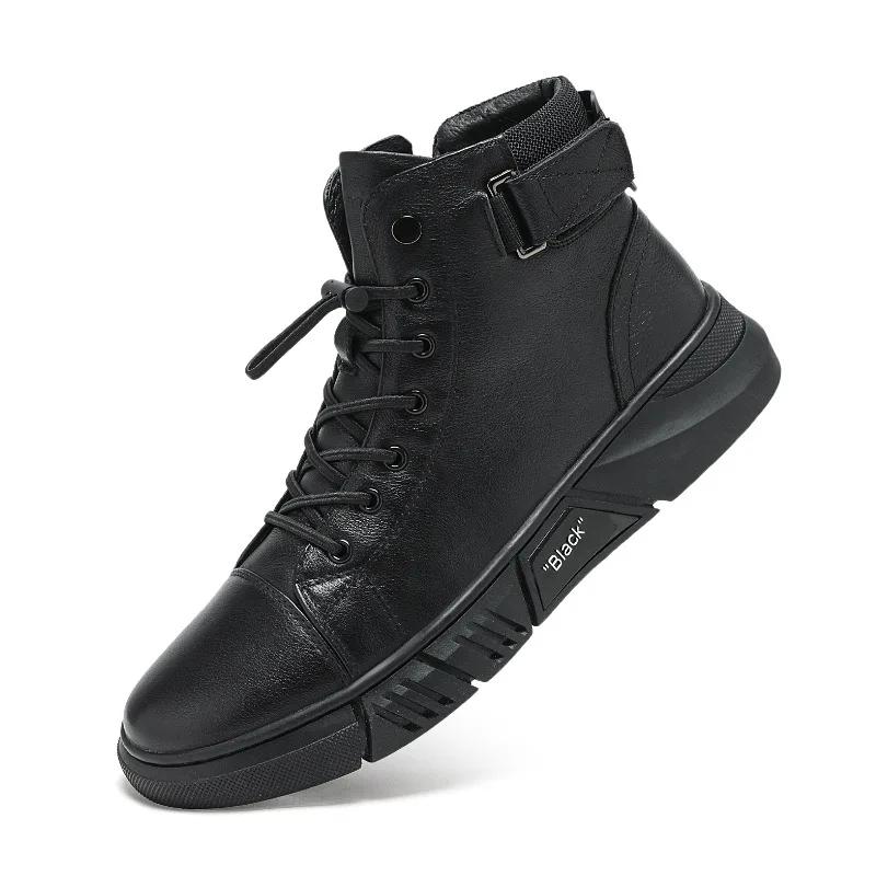 Ankle Boots Men Black PU Leather Shoes Autumn Winter Comfortable Platform Casual Shoes High-top  Fashion Leahter Boots Man