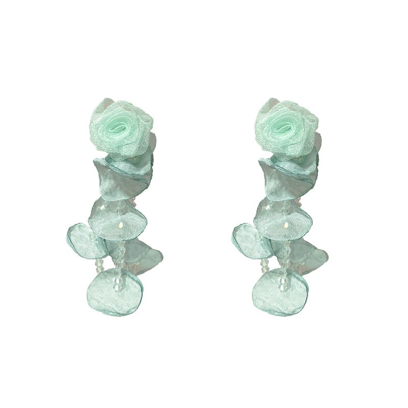 Mint Mambo Green Seaside Vacation Style Crystal Flowers Tassel Stud Earrings for Women Long High Profile Generous Earrings Earrings