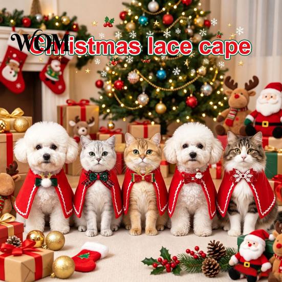 Cat Holiday Costume Pet Christmas Cape with Bow, Red Cloak for Small Medium Dogs & Cats, Outfit White Wavy Trim, Festive Apparel Pets Dog