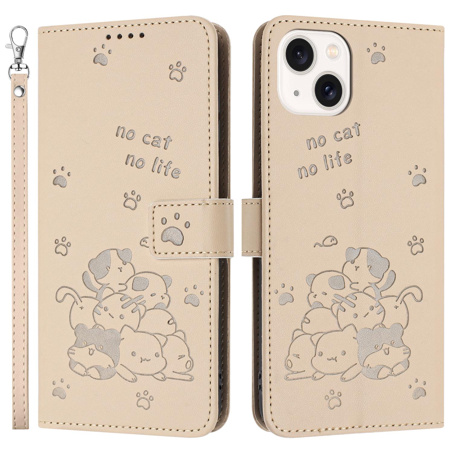 For iPhone 14/13 Case with Strap Cats Imprint Leather Wallet Phone Cover E