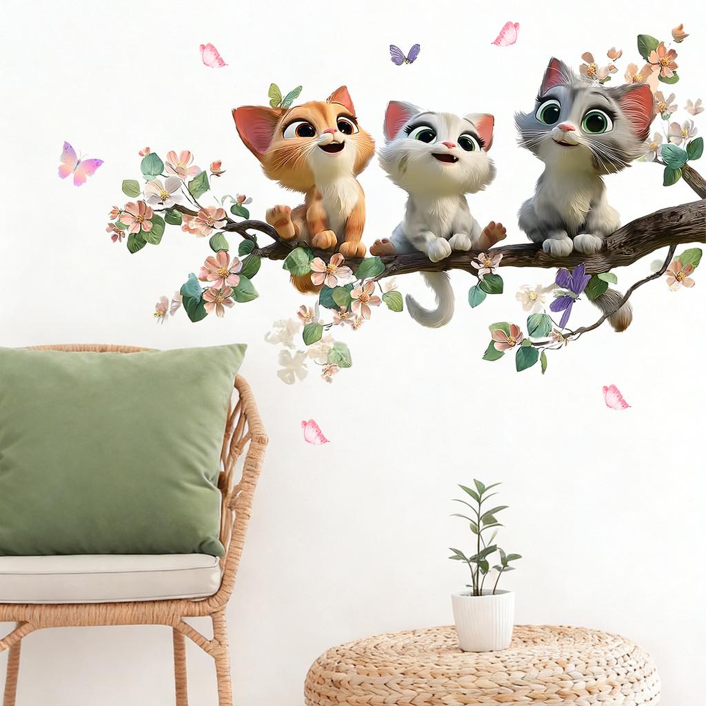 Cute Calico Cat with Flower Branches Wall Sticker Modern Minimalist Living Room Study Room Bedroom Self-Adhesive Removable Home Decor Art