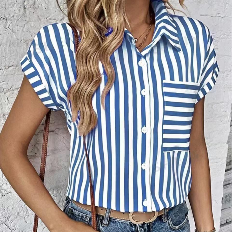 GMXIA Women's Fashion Casual Summer Stripe Print Short Sleeve POLO-Neck Blouses & Shirts