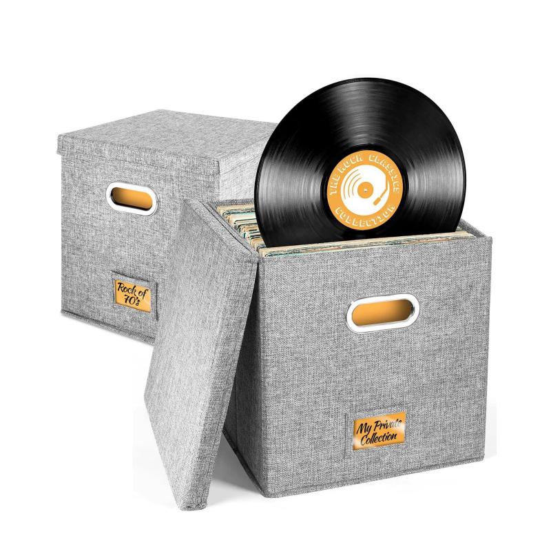 

Коробка для хранения виниловых пластинок вместимостью до 50+ 12-дюймовых альбомов, Ящик для пластинок, Хранение LP-альбомов, Тканевые коробки для хранения с крышками серый