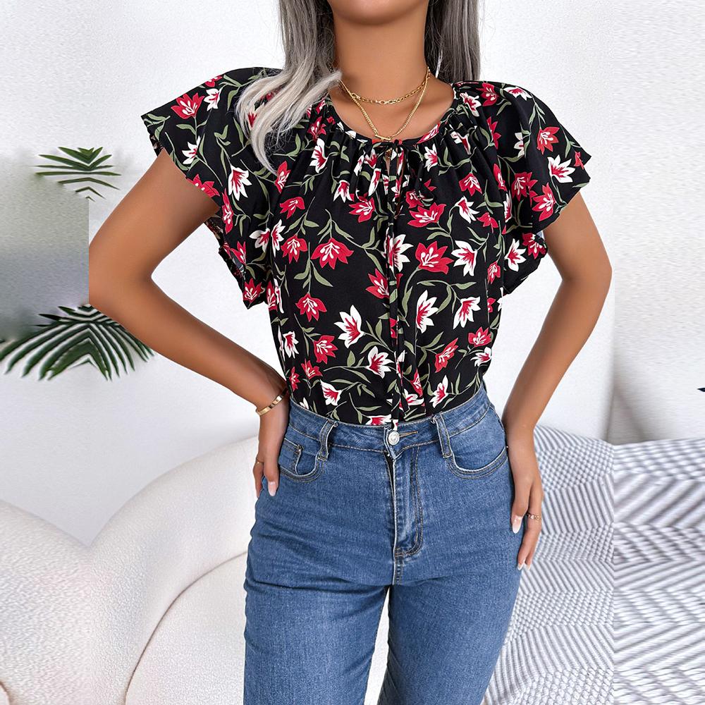 Frauen Frühling Sommer Lose Rüschen Spitze Up Chiffon Top Für Damen O Neck Fliegende Ärmel Floral Blusen