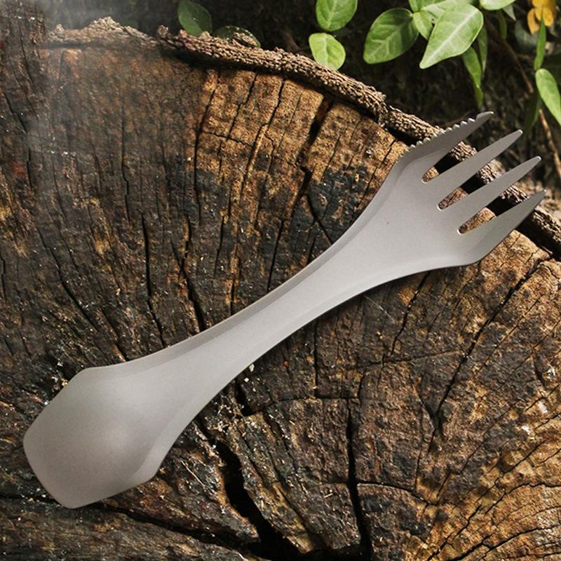 Outdoor Camping Cutlery Pure Titanium Utensils Multi-Purpose Titanium Fork & Spoon Set Portable Cloth Pouch Included