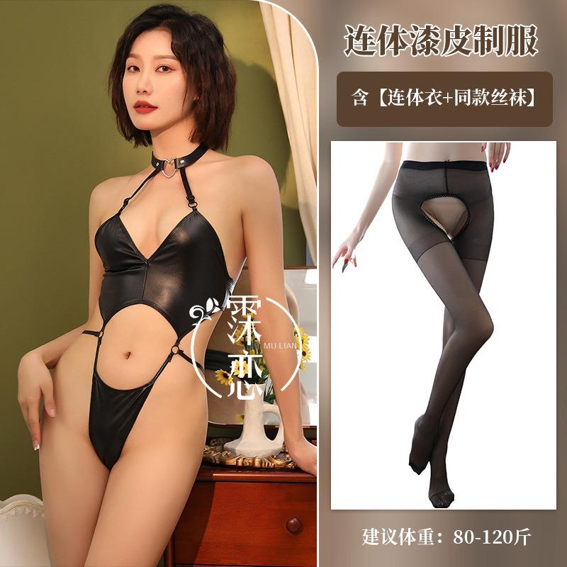 Sex Underwear One-piece Patent Leather Temptation Uniform Peach Heart Neck Sexy Passion Clothes Hot Swimsuit