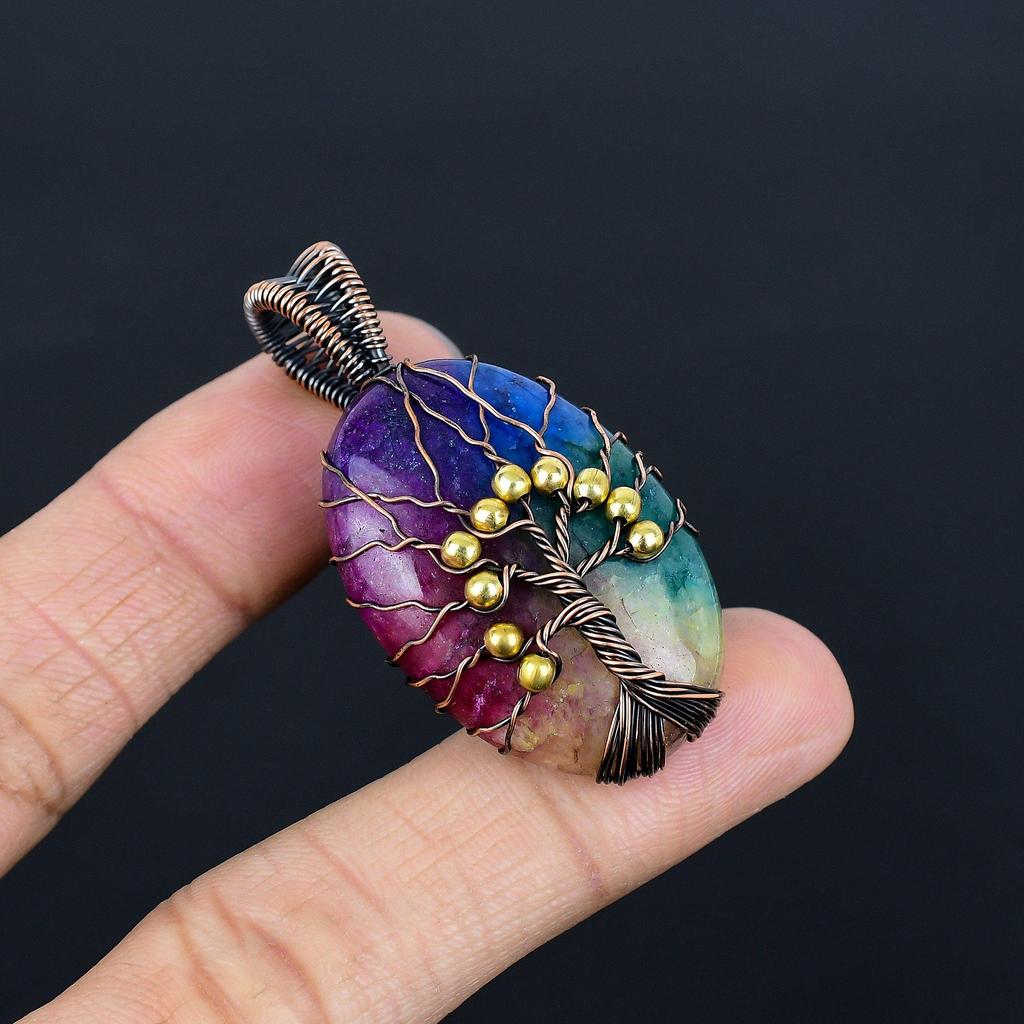Tree Of Life Rainbow Solar Quartz Pendant, 999 Copper Wire Wrapped Pendant Gemstone Jewelry, Handmade Pendant Amazing Jewelry, Gift For Her