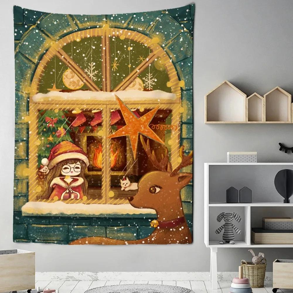 Cartoon Santa Claus Pattern Tapestry Home Bedroom Living Room Wall Decoration Christmas Theme Tapestry