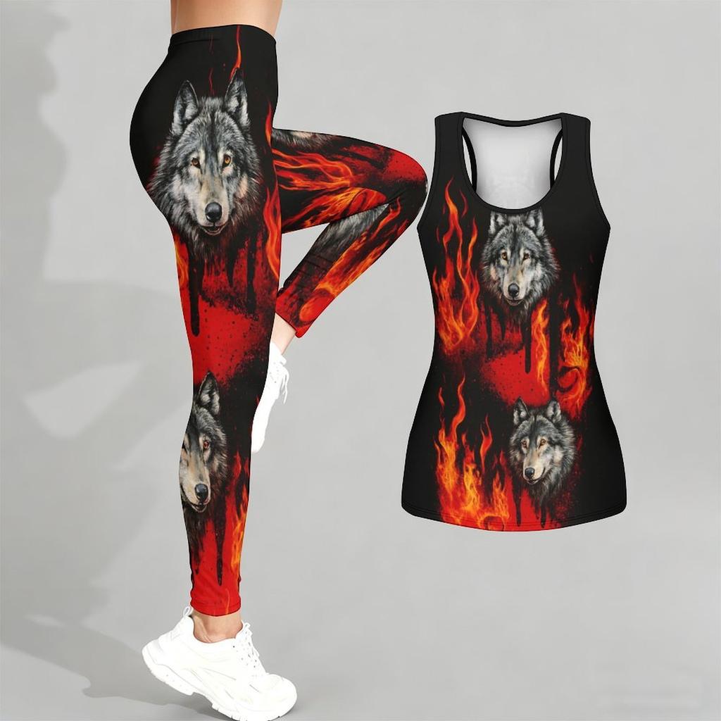 Fierce Wolves Pattern Print Yoga Outfit for Women Fashion Workout Leggings Fitness Sports Casual Yoga Set Sports Suit
